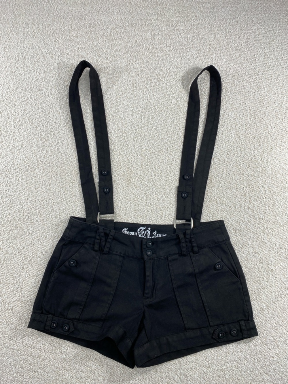 Black Suspender Shorts with Button Details